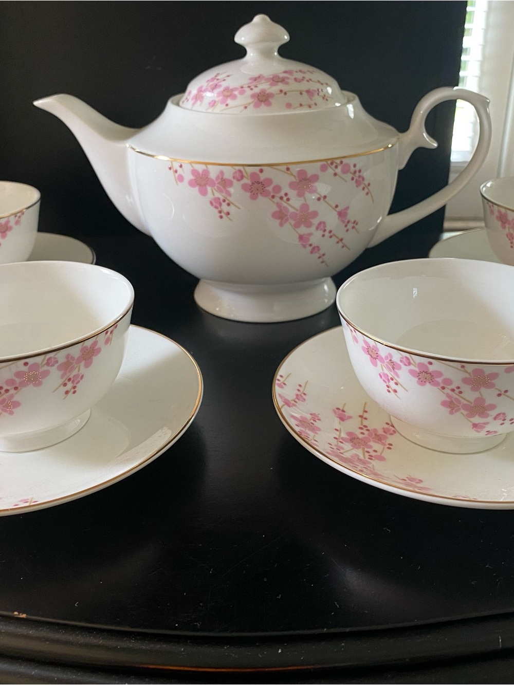 Teavana White Porcelain Tea Set with Pink Floral and Gold Trim